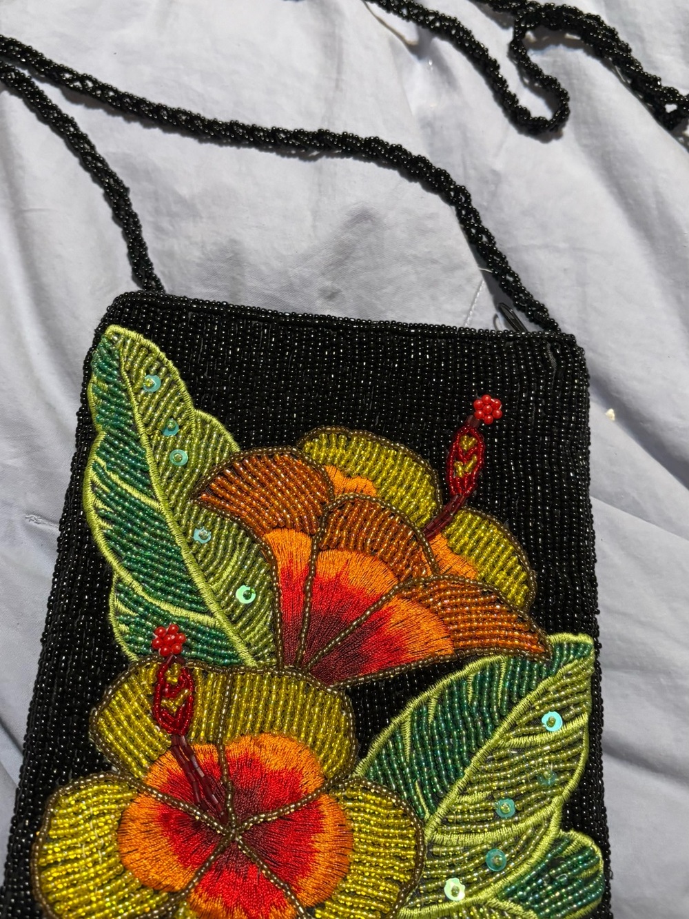 Embroidered Black Beaded Crossbody Bag with Tropical Floral Design